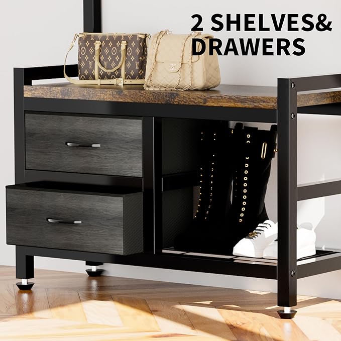 Entryway Halltree Organizer Bench Rack System Featuring Two Slide Drawers, Triple Shoe Tiers, Upper Guarded Shelf, Hanging Rod, TwentyThree Hooks, Adjustable Feet, AntiTip Hardware, Rustic Style