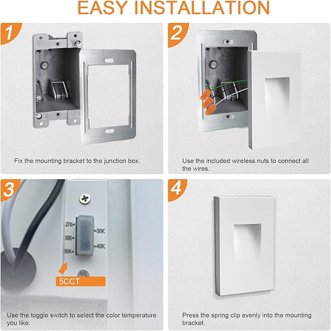 Vertical LED Recessed Step Light Fixture, 5CCT Selectable, IP65 Waterproof, 3W 70LM, 120V Stair Light Indoor Outdoor, 10%-100% Dimmable, White, ETL Listed - 12PK