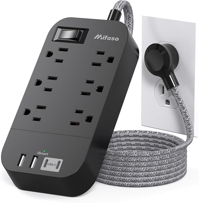 Extension Cord 15 FT, Flat Plug Power Strip, Long Extension Cord with Multiple Outlets with 6 Outlets 4 USB Ports(2 USB C), USB Power Strip for Home, Office, Dorm Room Essentials, College, Black