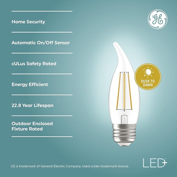 GE LED+ CA11 Dusk to Dawn LED Light Bulbs, Automatic On/Off Outdoor Security Lights, Daylight, E26 Medium Base (2 Pack)