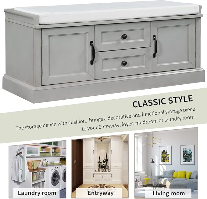 Entryway Storage Bench with Drawers & Cabinets — Cushioned Shoe Storage Bench for Hallway, Mudroom, or Living Room, Solid Wood Frame (Gray Wash)