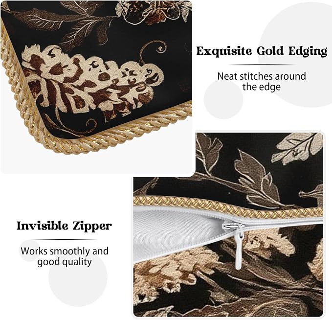 Vintage Black Floral Leaves Velvet Pillow Covers 20x20 Inch Brown Beige Tan Boho Flowers Throw Pillows For Couch Cushion Covers Pillowcase Farmhouse Bohemian Pillow Cases for Sofa Bed Bedroom