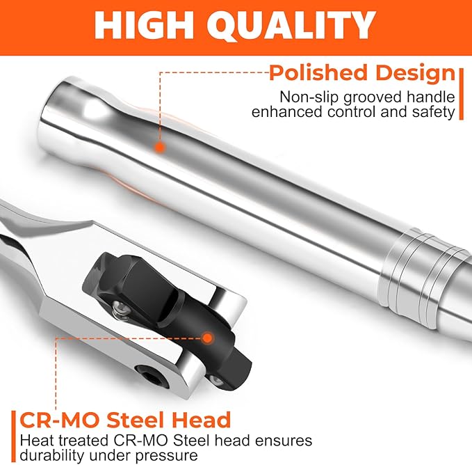 Breaker Bar 3/8" & 1/2" Dual Drive, 16-Inch Length, Heavy Duty Breaker Bar with 360° Flex Head, CR-MO Steel
