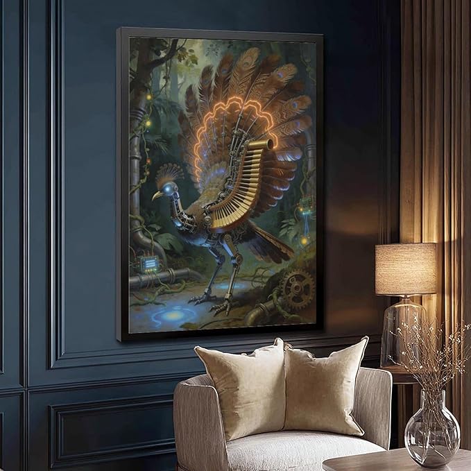 Framed Mechanical Fantasy Wall Art for Living Room TV Wall Vintage Steampunk Aesthetic Home Decor 24x36in