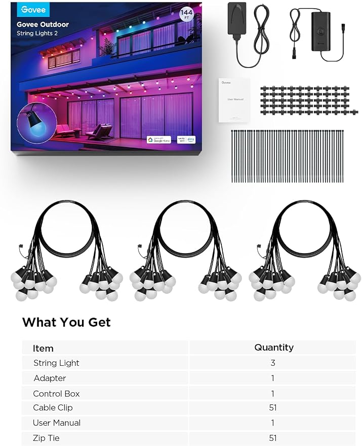 Govee Smart Outdoor String Lights 2, 144ft RGBIC Patio Lights with 45 Bulbs | Dimmable Warm White LED Bulbs, IP65 Waterproof, 47 Scene Modes for Backyard, Balcony, Work with Alexa, App Control