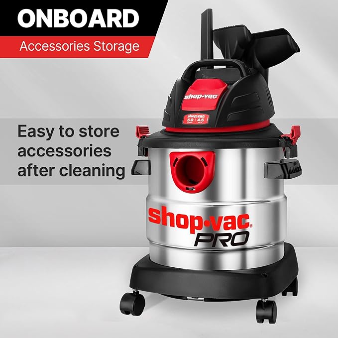 Shop-Vac 5 Gallon 4.5 Peak HP Wet/Dry Vacuum, Stainless Steel Tank, Portable Shop Vacuum 2-in-1 AC Drain Line Unclogger Tool, Universal Fit HVAC Drain Line Adapters for Vacuums