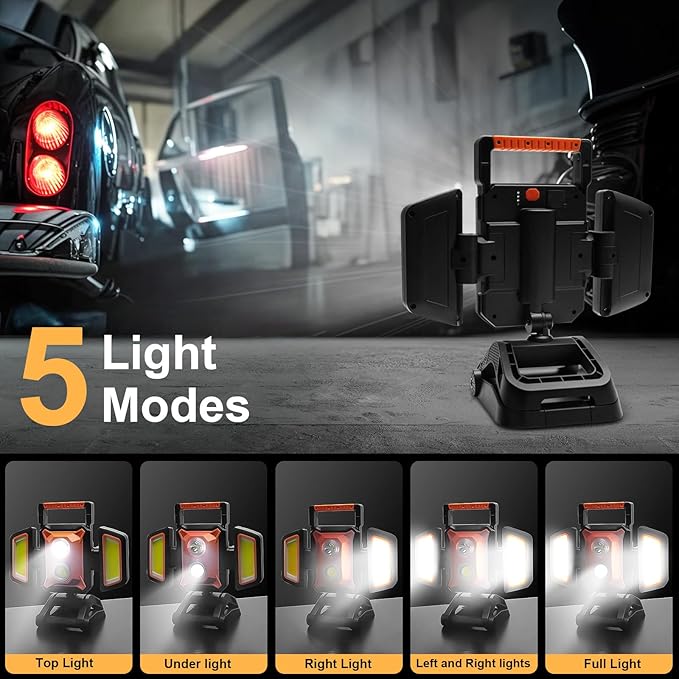 4000LM LED Work Light Rechargeable with Clamp, 40W Magnetic Work Light Battery Powered with 5 Light Modes, 350° Rotation, Portable Job Site Lighting for Construction Site,Workshop,Car Repairing