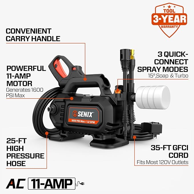 SENIX 1100 PSI Electric Pressure Washer with Foam Cannon - Compact Power Washer for Cars, Driveways, Patios & Outdoor Cleaning - Includes 15° Nozzle, Turbo Nozzle, Spray Gun, 20 ft Hose & 35 ft Cord