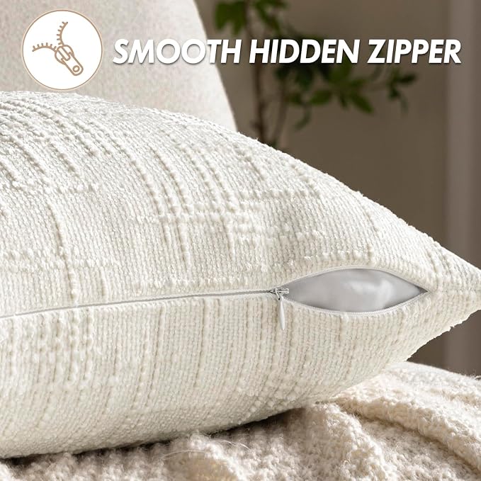 MIULEE Chenille Textured Euro Pillow Covers Cream White 22x22 Set of 2 | Slubby Decorative Throw Pillows, Boho Farmhouse Home Decor, Modern Neutral Cushion Covers for Couch Sofa Bed Living Room