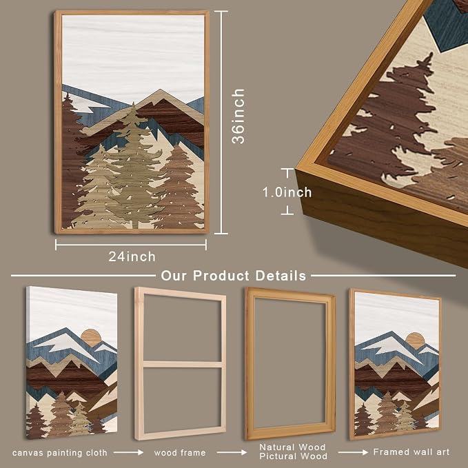 BINCUE Large Boho Mountain Canvas Framed Wall Art Set of 3 Forest Mountain Sun Wall Decor Boho Artwork for Living Room Bedroom Office 24x36 Inch Gift