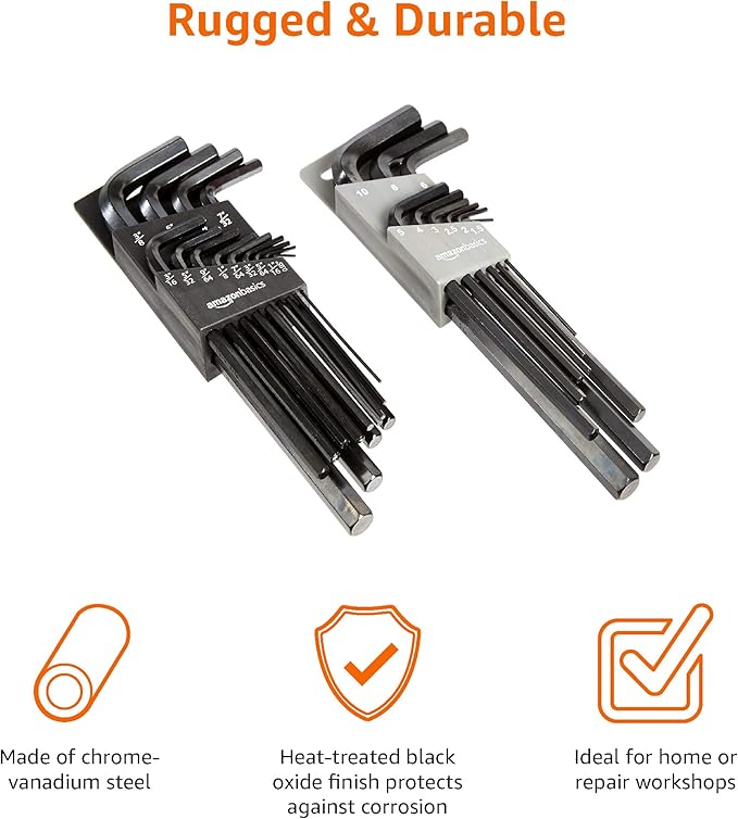 Amazon Basics 22-Piece Long Arm Hex Key Wrench Set - SAE/Metric, Chrome Vanadium Steel with Storage Case