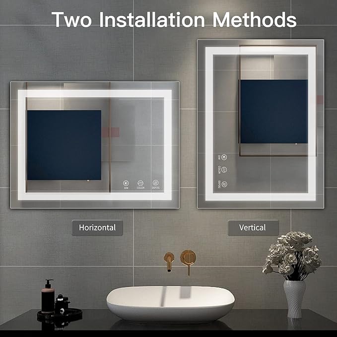LED Bathroom Mirror,36x28 Inch Bathroom Vanity Mirror Wall Mounted with 3000K-6000K Adjustable, Anti-Fog, Smart Touch Button, Stepless Dimmable Lighted Makeup Mirror, Horizontal/Vertical