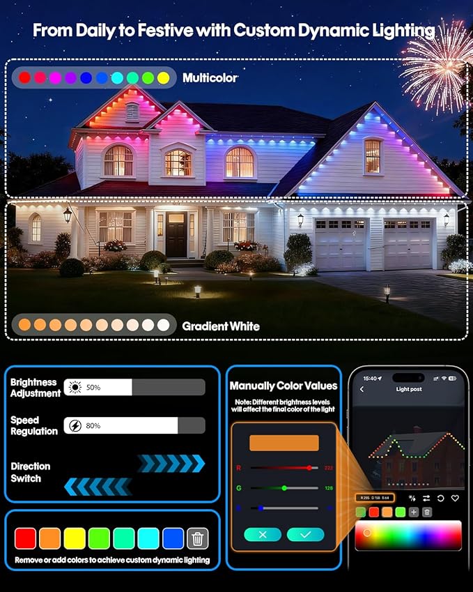 Permanent Outdoor Lights 33Ft 20LEDs, Smart RGB-IC Year Round Eave Deck Fence Outside Lights with Remote & App Control, Multicolor & White Individual DIY LED Christmas Holiday Decor