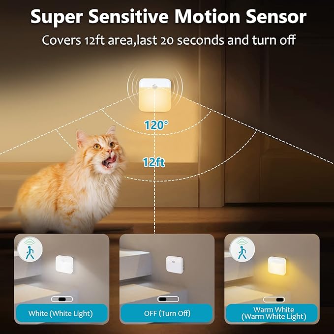 LED Motion Sensor Light - 3 Pack 2 Color USB Rechargeable With Dusk to Dawn Sensor, Stick-On Anywhere Magnetic for Bedroom Bathroom Under Cabinet Closet Wardrobe Stairway