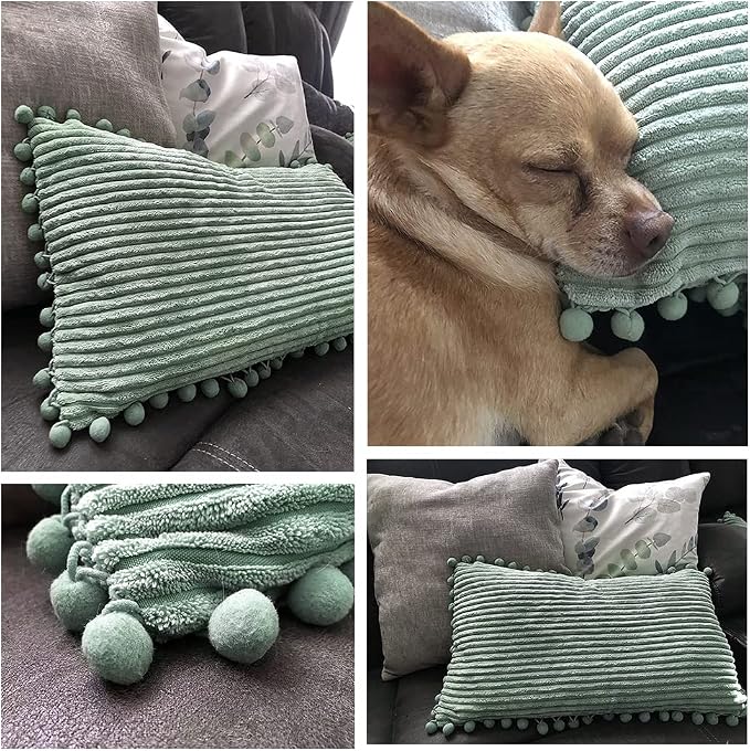 Fancy Homi Set of 2 Sage Green Decorative Throw Pillow Covers 12x12 Inch with Pom-poms for Couch Bed Sofa, Modern Farmhouse Boho Home Decor, Soft Plush Corduroy Cute Cushion Case 30x30 cm