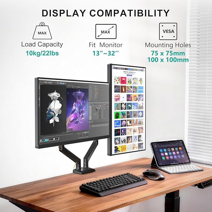 WALI Dual Monitor Stand for 13-32 inch Computer Screens, Dual Monitor Arms for 2 Monitors Holds up to 22 lbs, Height Adjustable Dual Monitors Mount, VESA 75x75/100x100mm (GSMP002N), Black
