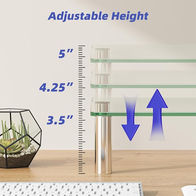 Simple Trending 2-Pack Tempered Glass Monitor Stand, Adjustable, Clear | 14.25"L x 9.5"W, height 3.5"-5", tilt 0-15°. Holds 88 lbs, impact/heat resistant. Stainless steel feet. Easy assembly.