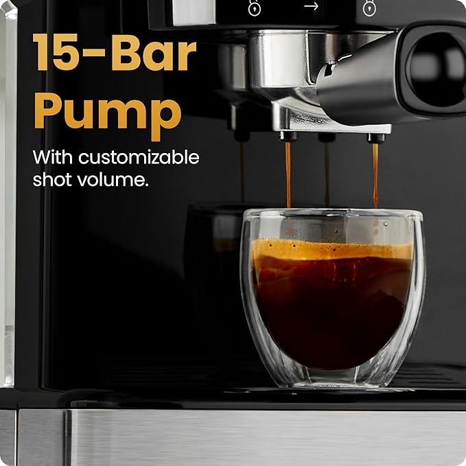 Chefman CraftBrew Espresso Machine, 15-Bar Pump Digital Espresso Maker w/Steam Wand for Latte & Cappuccino, Compact Espresso Coffee Machine w/ 1.5L Removable Water Reservoir - Stainless Steel