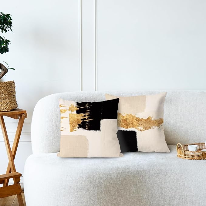 Black Beige Gold Pillow Covers, Abstract Black and Gold Pillow Covers 16x16 Set of 2, Modern Boho Home Decor, Black and Gold Pillows Decorative Throw Pillows for Couch Living Room Bedroom