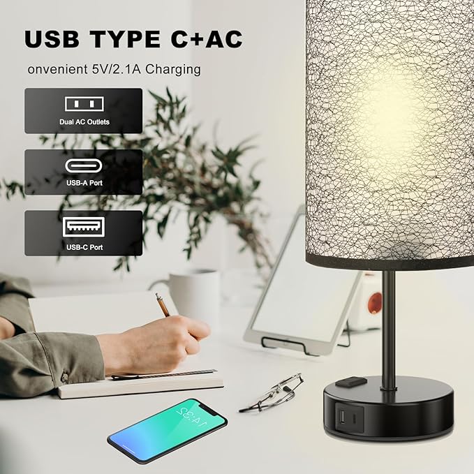 Table Lamp for Bedroom with Touch Control,Bedside Lamp with USB C+A Charging Ports& AC Outlets, Adjustable 3color LED Light for Home Decor/Nightstand/Bedroom/Office,Included Bulb and Fabric Lamp Shade