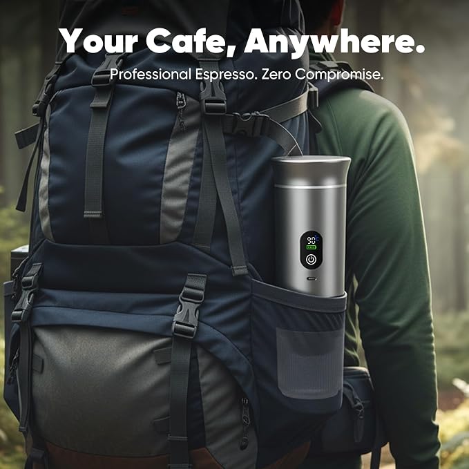 Portable Self-Heating Espresso Maker for Ground Coffee and Capsules | Rechargeable 80 ml travel coffee machine for camping, road trips and car use