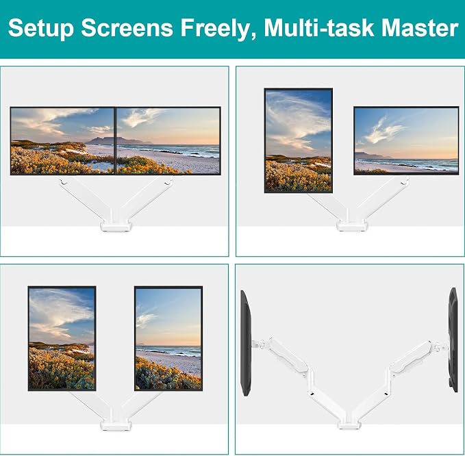 MOUNT PRO Dual Monitor Mount Fits 13 to 32 Inch Screen, Height Adjustable Monitor Stand for 2 Monitors, Full Motion Display Arm Holds up to 19.8lbs Each, Computer Desk VESA Mount, White