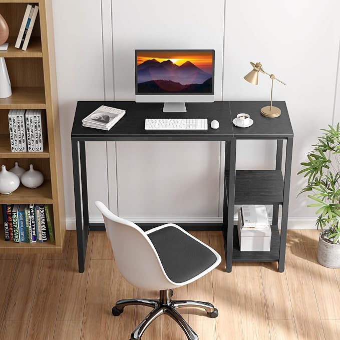 SINPAID Computer Desk 47 inches with 2-Tier Shelves Sturdy Home Office Desks with Large Storage Space Modern Gaming Desk Study Writing Laptop Table, Black
