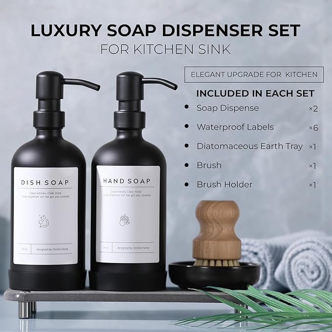 [Luxury] Kitchen Soap Dispenser Set - 16OZ Black Glass Bottle, Stainless Steel Pump, Instant Dry Tray, Waterproof Labels, Non-Slip Silicone Pad, and Dish Brush | Upgrade for Your Kitchen and Bathroom