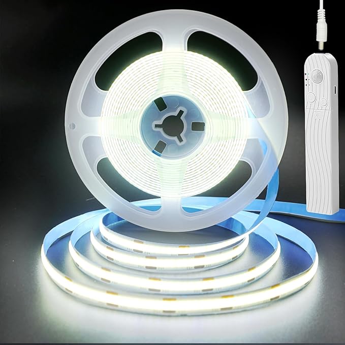5V Motion Sensor Dimmable USB Rechargeable COB LED Strip Lights,Built-in 1500mAh Battery,Three Modes,6.56FT/2M,Cool White 6500K,320LEDs/M,Night for Closet,Wardrobe,Bed,Stairs,Kitchen