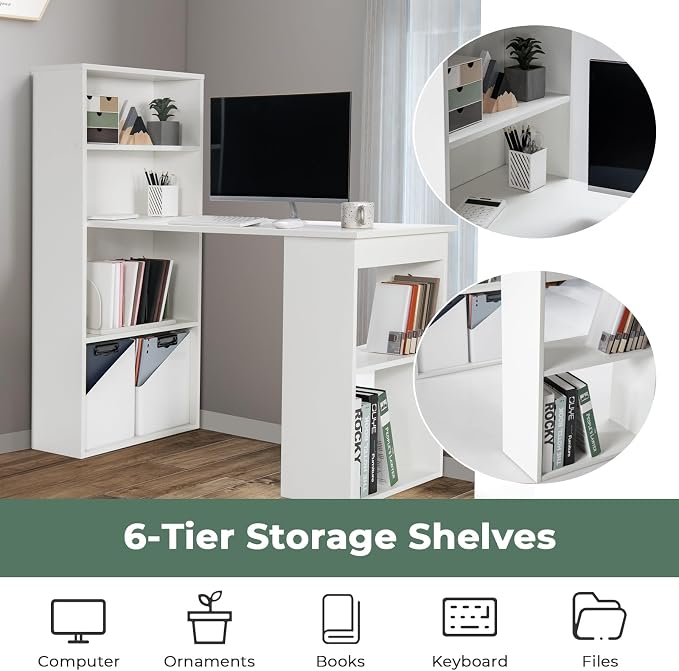 GRAFFY Computer Desk with 6 Storage Shelves - 48" Reversible Writing Desk Workstation with Bookshelf and CPU Stand, Modern Compact Office Desk for Bedroom, Study, Home, Office (White)