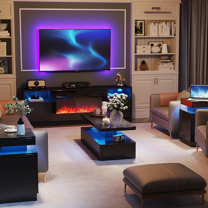 oneinmil Modern LED Coffee Table, 40" Living Room Tables with 16 Colors LED Lights, Double-Layer Design, Stylish Coffee Tables for Living Room, Black