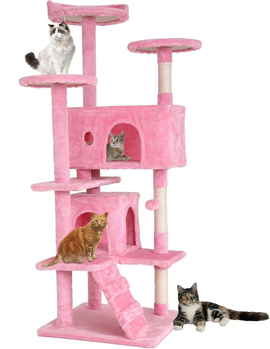 Cat Tree for Indoor Cats, Multi-Level Cat Tower with Scratching Posts & Cozy Condo, Space Saving Cat Activity Center, Durable Pet Play House (54in,Pink)