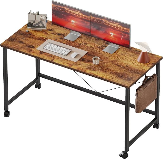 Mericonia 47x24 Inch Computer Desk with Wheels, Small Simple Rolling Desk | Writing Table for Home Office Bedroom Work Study, Brown