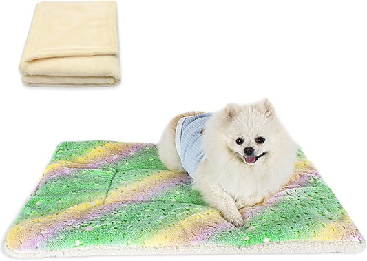 Cat Dog Bed Mat & Blanket, Reversible Pets Crate Pad Bed Mat and Ultra Soft Warm Fleece Calming Blanket for Small Puppy Kitty, Washable