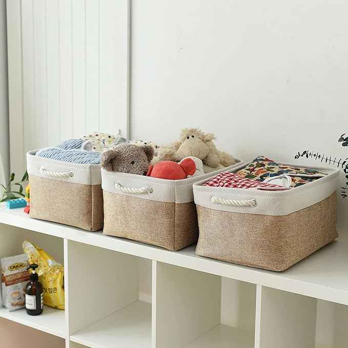 Fabric Storage Baskets - Rectangular Baskets for Organizing Fabric, Shelves & Decorative Use (White & Khaki)