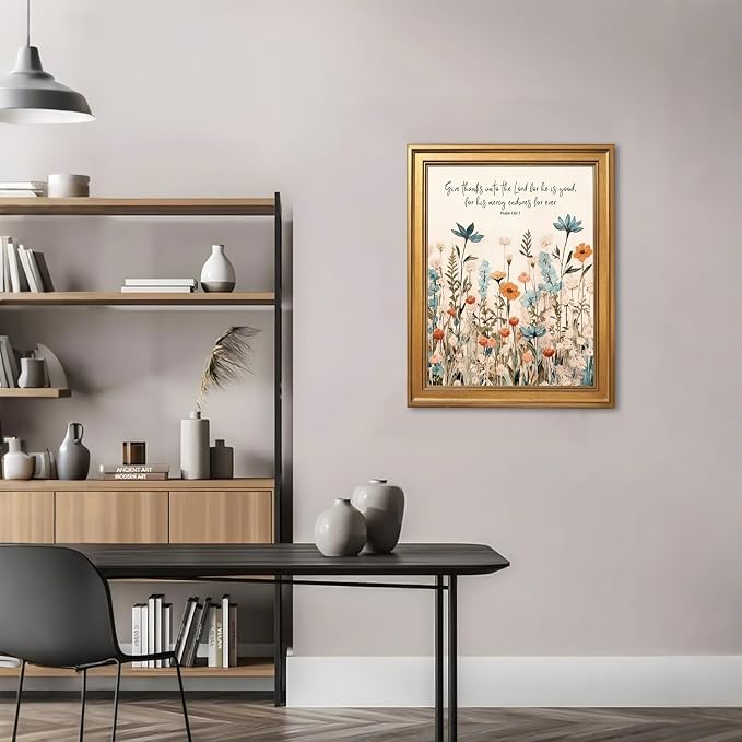 Framed Christian Scripture Wall Art Painting Give Thanks to the Lord Psalm 1361 Floral Print Inspirational Bible Verse Picture Poster Wildflower Faith Decor Canvas Artwork for Home Office 24x36inch
