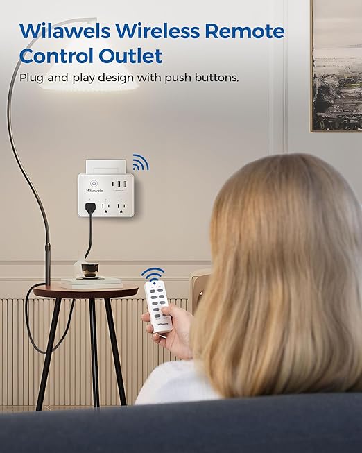 Remote Control Outlet, Multi-Plug Outlet with 3 Outlets and 3 USB Ports, No Interference Remote Outlet, Wireless Light Switch, 100FT RF Range, Programmable and Expandable, FCC Listed W03RC06