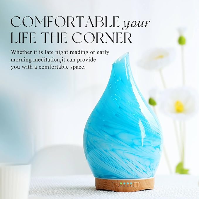 Porseme 280ml Essential Oil Diffuser Glass Color Changing Aroma Air Diffusers Aromatherapy Ultrasonic Cool Mist Humidifier 7 Running Hours Waterless Auto-off for Sleeping, Yoga, Office, Spa(Blue Wave)