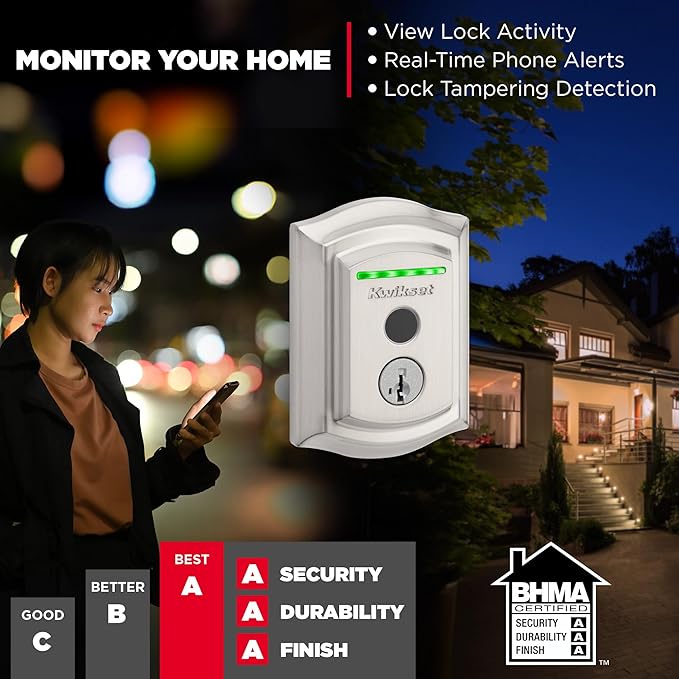 Kwikset Halo Touch Fingerprint Wi-Fi Smart Lock, Keyless Entry Door Low Profile Deadbolt, Geofence Auto-Unlock, Grade AAA Certified, No Hub Easy Install, Satin Nickel Lifetime Finish Warranty, Arch