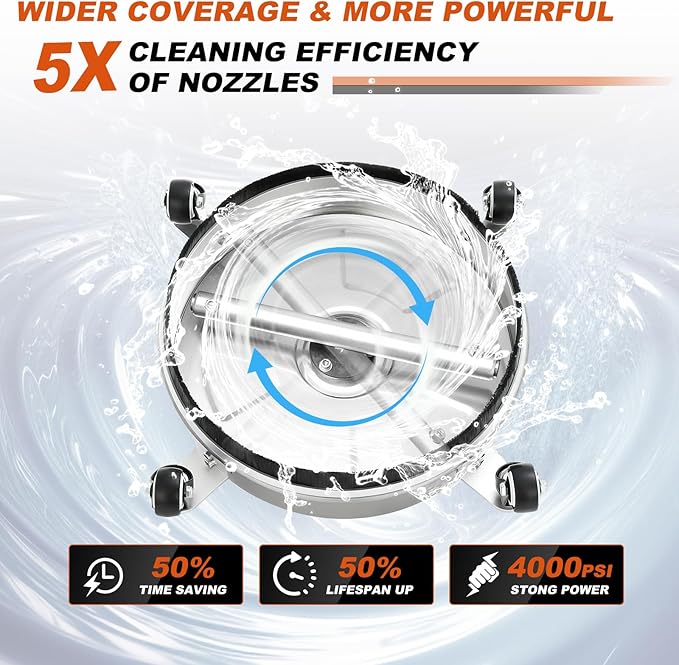14" Pressure Washer Surface Cleaner with 4 Wheels, Stainless Steel Surface Cleaner for Pressure Washer for Concrete, Patio, Sidewalk & Driveways, 1/4" Quick Plug, 2 Extension Wand, 4000 PSI