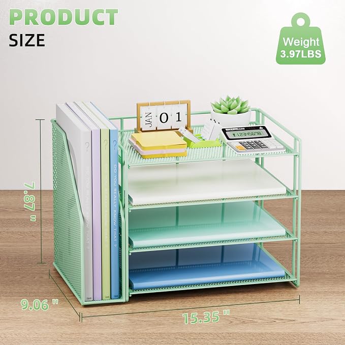 Marbrasse 4-Tier Paper Tray Organizer with File Holder, Green | Sturdy Paper Tray, Built-in File Holder, fits Letters/Docs, Saves Desk Space, for School/Office/Home