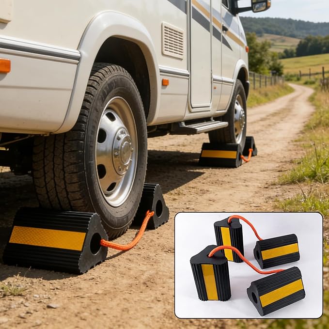 Wheel Chocks for RV Trailer 1 Pair with Rope & Reflective Strips Rubber Wheel Chocks Heavy Duty Tire Stopper for Camper, Truck, Car, Travel Trailer