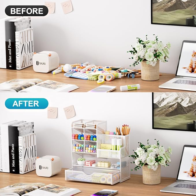 Marbrasse Mesh Pen Holder for Desk, Multi-Functional Pencil Organizer with Drawer, Desk Organizers and Accessories for Office Art Supplies (White)