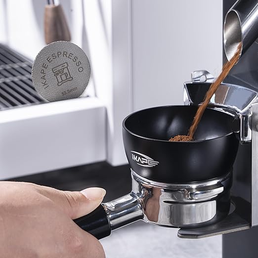 IKAPE Magnetic Dosing Funnel Set, 53MM Espresso Dosing Ring & Puck Screen Kit Compatible with Breville 54MM Bottomless Portafilter - with 8 Small Magnet (Black)
