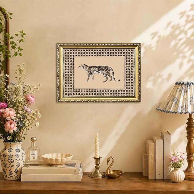 Vintage Leopard Wall Art Cheetah Safari Wall Decor Paintings, Wildlife Animal Poster Canvas Prints Aesthetic for Living Room Bedroom 8x10 inch Gold Framed