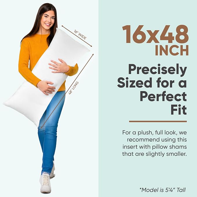 Pillowflex Synthetic Down Pillow Insert 16x48 in - Karate Chop Pillow | Large Rectangle Sham Form, Plush Polyester Cotton Blend, Cloud-Like Comfort, Clump-Resistant Fill, Smooth Elegant Finish