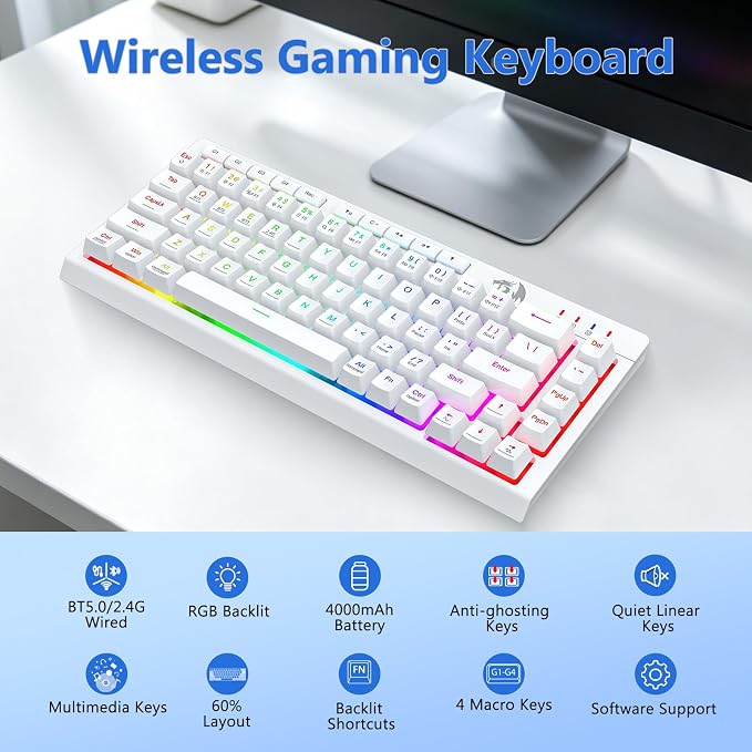Redragon Wireless Gaming Keyboard and Mouse Combo, 60% Portable, White | Bluetooth/2.4G/USB-C Wired, RGB Backlit, Quiet Rechargeable Macro Membrane Keyboard & 12800 DPI Mouse for Win/MAC
