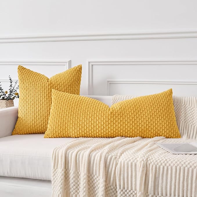 Kevin Textile Soft Corduroy 14"x36" Pillow Cover 1 Pack, Mustard Yellow | Boho Stripe Plush Corduroy Decorative Oblong Cushion Cover Modern Farmhouse Home Decor for Sofa Couch Bed Chair