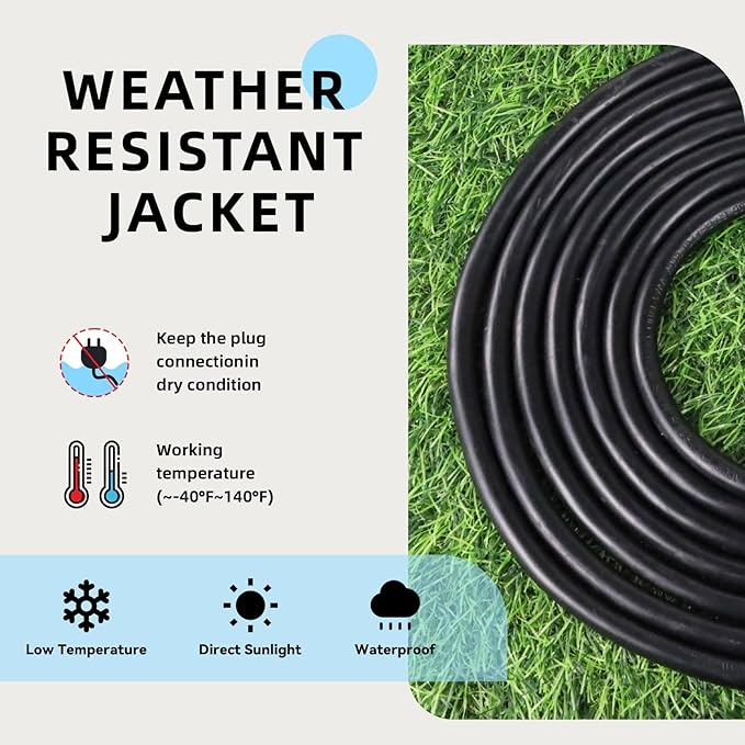 EP 12/3 12 FT Indoor Outdoor Black Extension Cord Waterproof, 12 Gauge 3 Prong Power Cord Flexible Resistant Appliance Extension Cable Electric Cable Outside, 15A 1875W 12AWG SJTW, ETL Listed