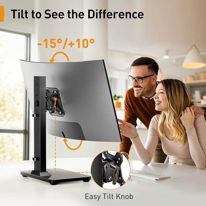 Perlegear Single Monitor Stand for 13–34 inch Screens up to 44 lbs | Heavy-duty steel, swivel, tool-free tilt, 360° rotation, 5 height settings, cable management, max VESA 100x100mm, home office
